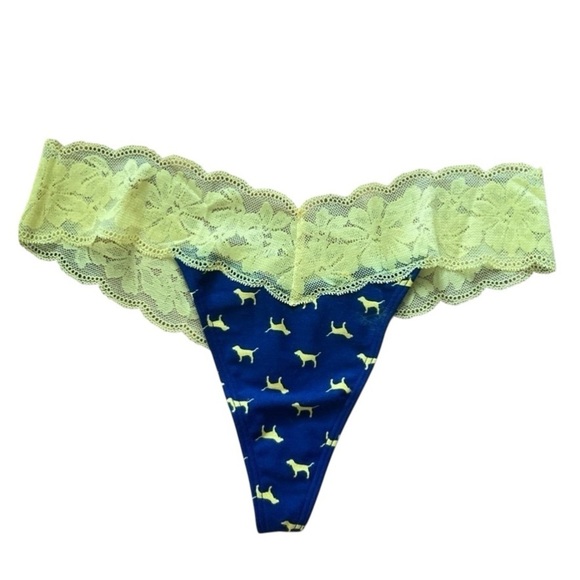 Victoria’s Secret Pink Yellow Lace Dog Print Thong Medium - Picture 1 of 5